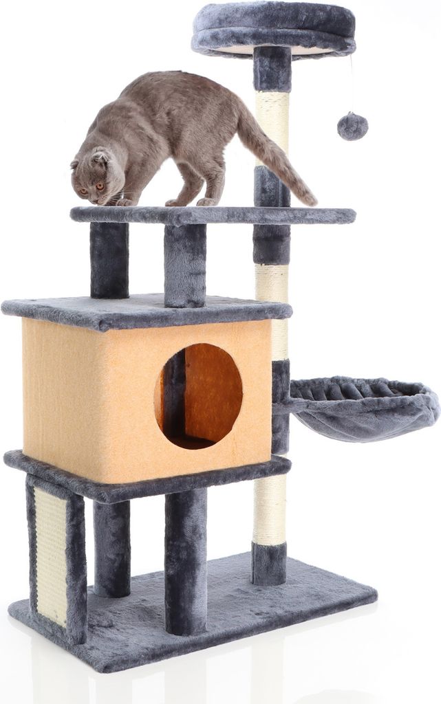 Fudajo Kratzbaum in Dunkelgrau 112 cm hoch, Katzenkratzbaum mit Katzenhaus, Katzenbaum mit Liegemulde und Plattformen, Katzenmöbel mit Kratzbrett