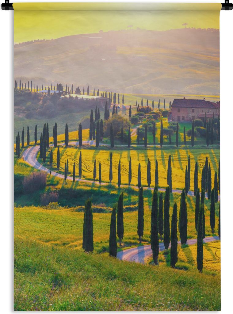 MuchoWow Wandteppich Wandbehang Gras - Sonne - Hügel - Landschaft 90x135 cm Tapisserie Dekoration Wandtuch - Baumwolle - Wandskulptur