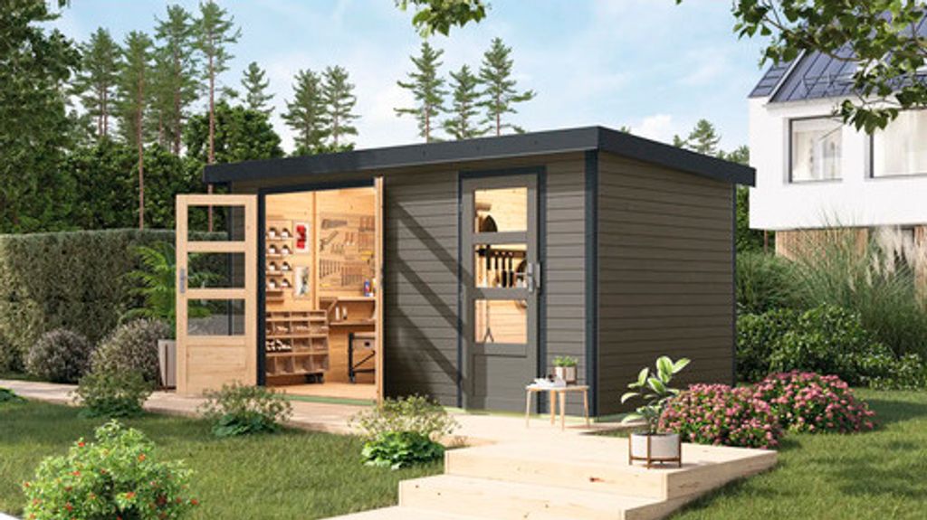 Gartenhaus Karibu Merkuras B Metall anthrazit 431,5 x 235 cm terragrau