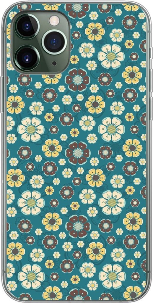 MuchoWow Handyhülle Schutzhülle Hülle für Telefoonhoesje iPhone 11 Pro Retro - Blumen - Muster - Blau Silikon Softcase Handy Hülle - Handy