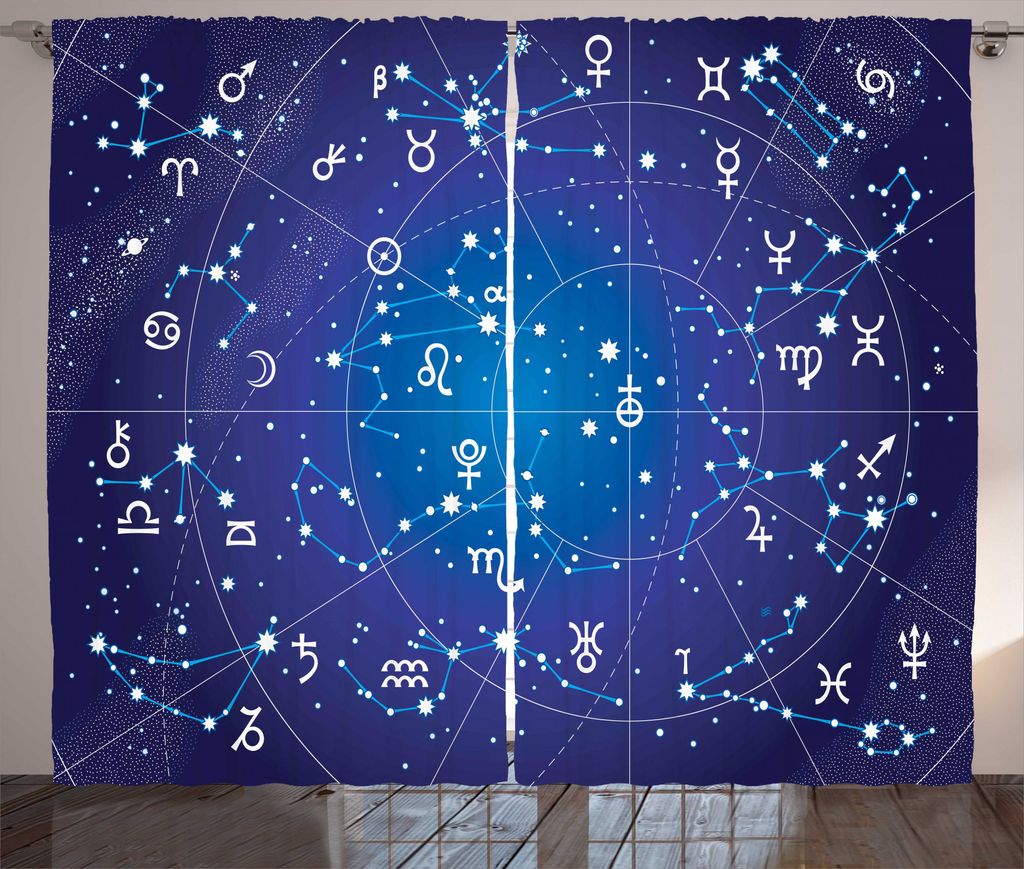 ABAKUHAUS Astrologie Rustikaler Vorhang, Sternbild Sternzeichen, Wohnzimmer Universalband Gardinen mit Schlaufen und Haken, 280 x 225 cm, Dunkelblau
