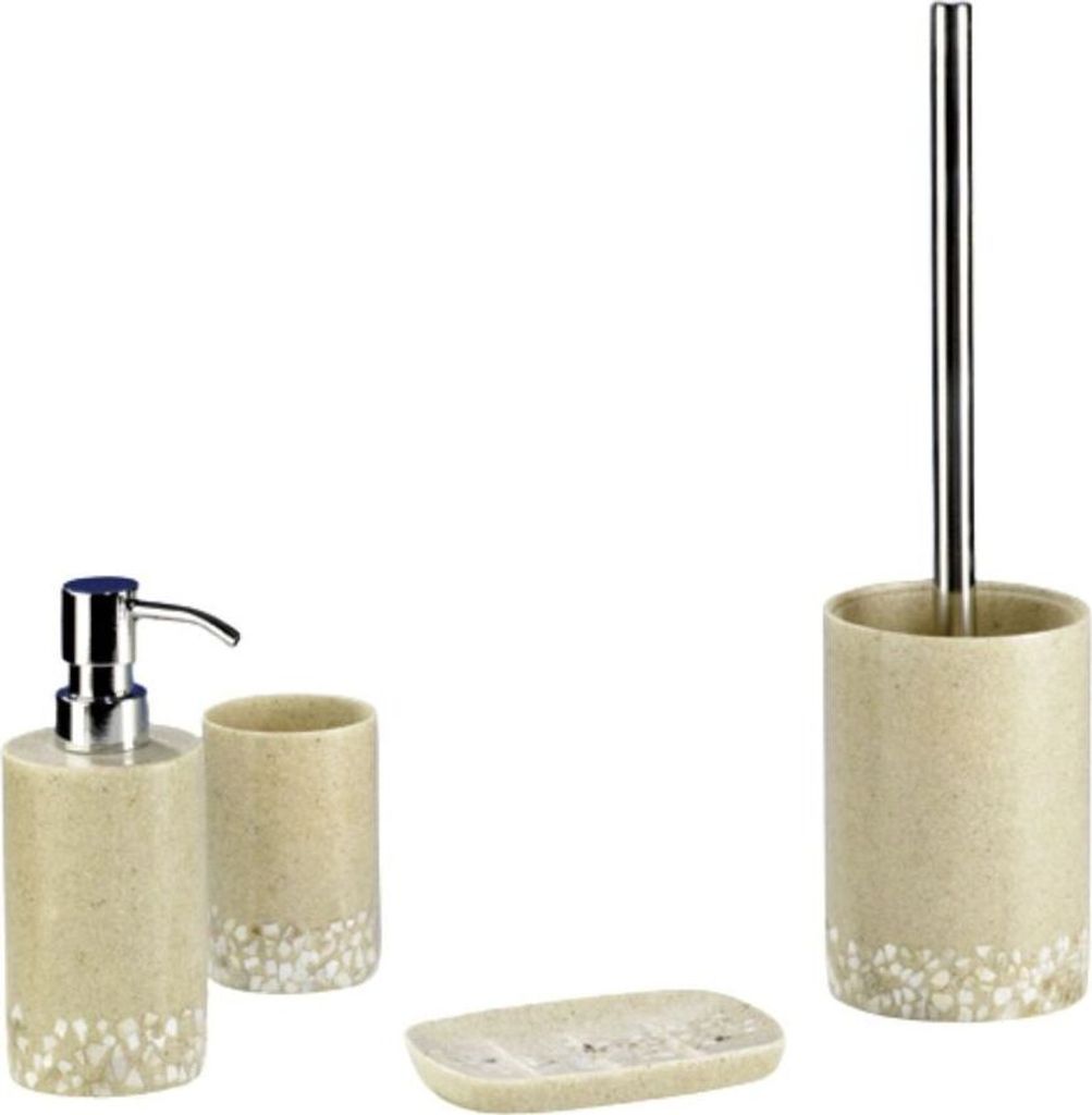4tlg Set Bad Accessoires WC Bürste Seifenspender Zahnputzbecher Seifenschale Sandy