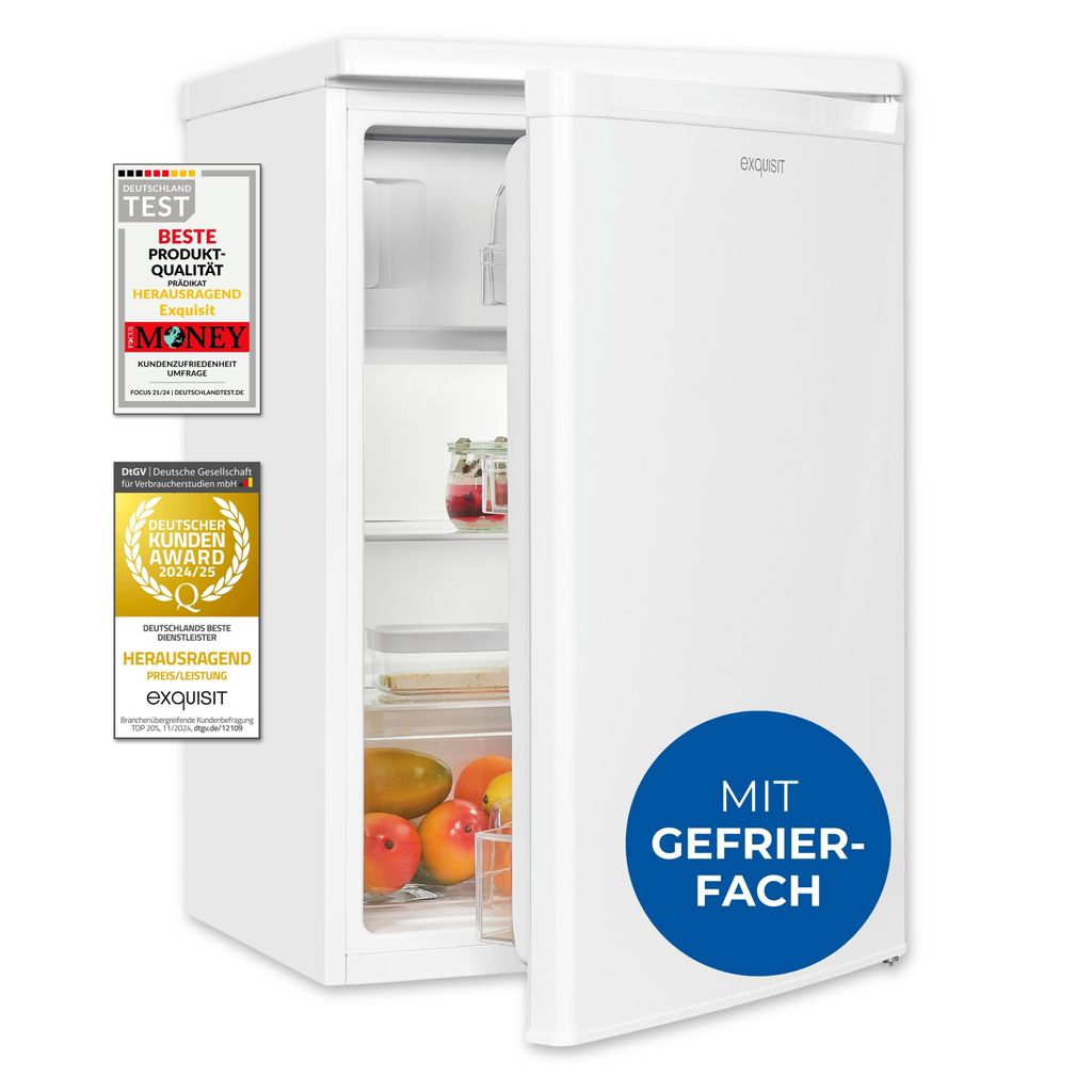 A white Exquisit refrigerator with its door slightly ajar, displaying food items inside. Several award badges are attached to the left side of the refrigerator.