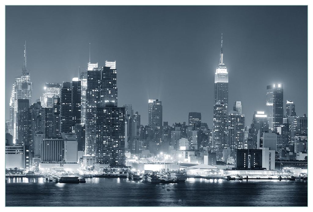 Wallario Küchenrückwand selbstklebend, Größe: 90 x 60 cm, Motiv: New York Skyline - Schwarz Weiß Blau | Spritzschutz | abwischbar | pflegeleic...