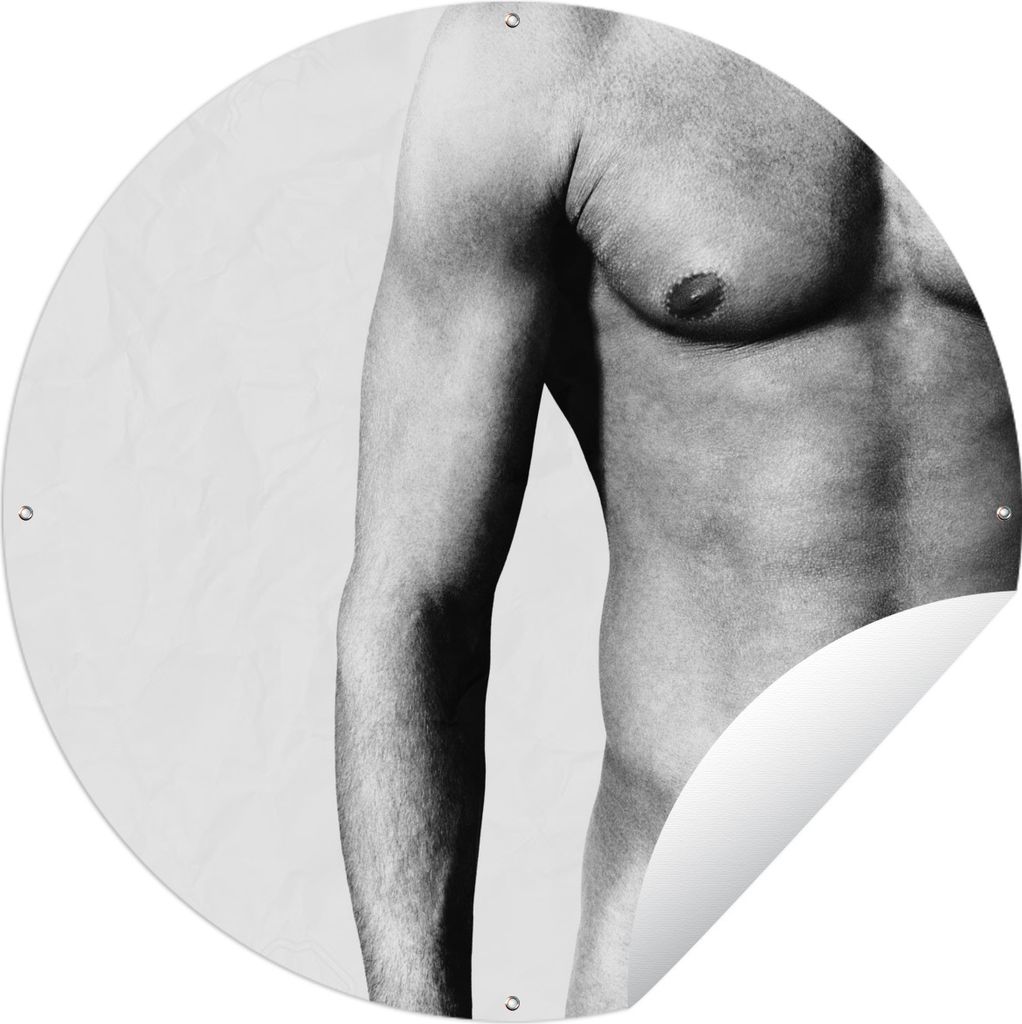 MuchoWow Gartenposter Outdoor-Poster Rund Torso eines nackten Mannes - schwarz und weiß Ø 120 cm Gartendeko Rundes Poster draußen