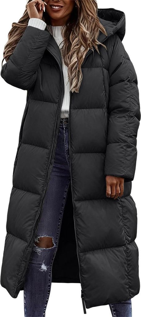 ASKSA Damen Daunenjacke Winter Lang Daunenmantel Steppmantel Warmer Wintermantel Jacken Outdoor Mantel mit Kapuze (Schwarz,M)