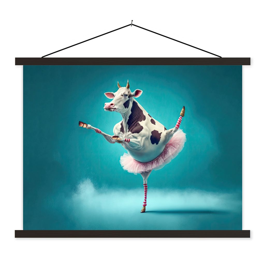 MuchoWow Textilposter Kuh - Ballett - Porträt - Blau - Tiere - Kind 150x113 cm mit holzfarbenen Rahmen - Poster