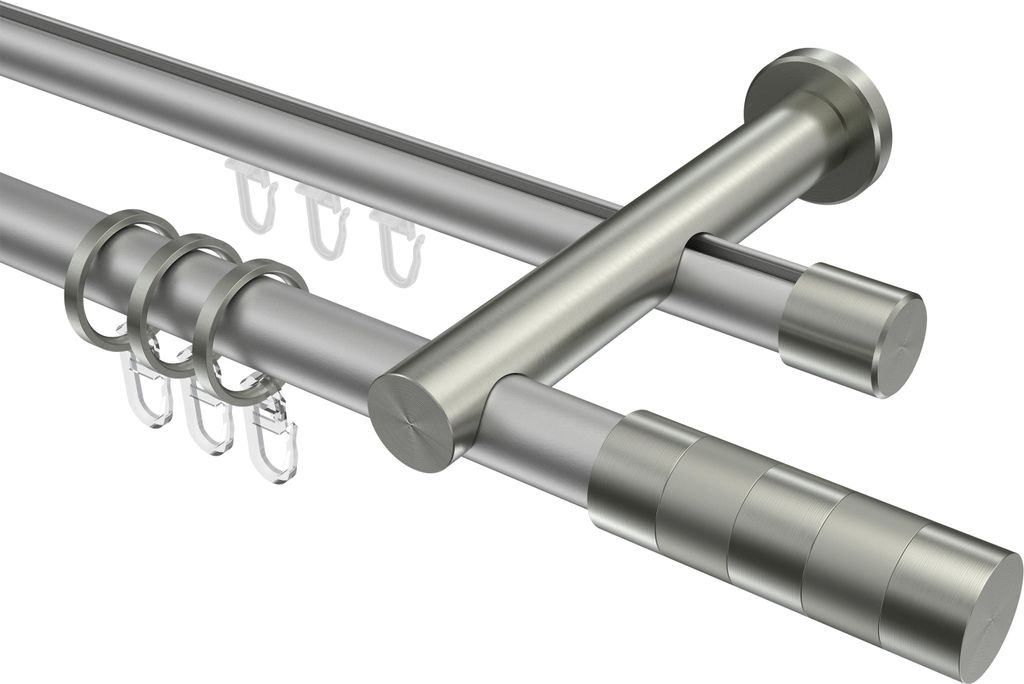 Interdeco Rundrohr-Innenlaufstange / Gardinenstange (Kombination) Silbergrau / Edelstahl-Optik, Typ Platon Mavell (Zylinder), 20 mm Ø 2-läufig, 3...