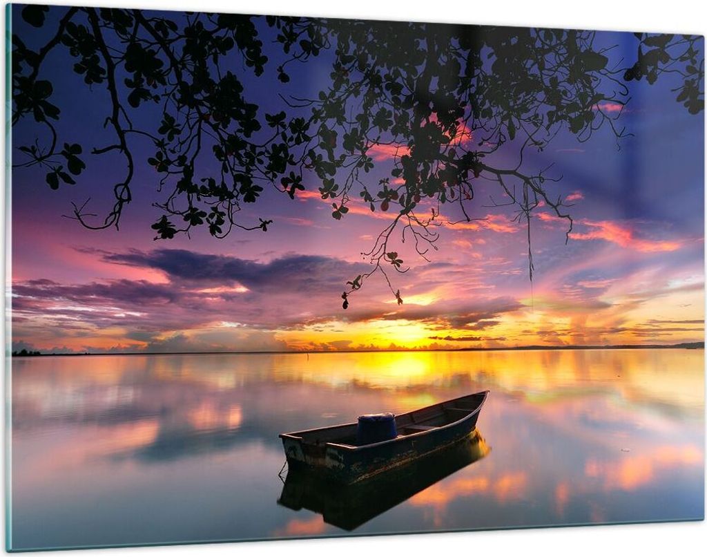 Bilder auf glas - Boot Sonnenuntergang See Himmel - 120x80cm - Glasbilder - Wandbilder - Kunstdruck - zum Aufhängen bereit - Wanddekoration aus Gl...