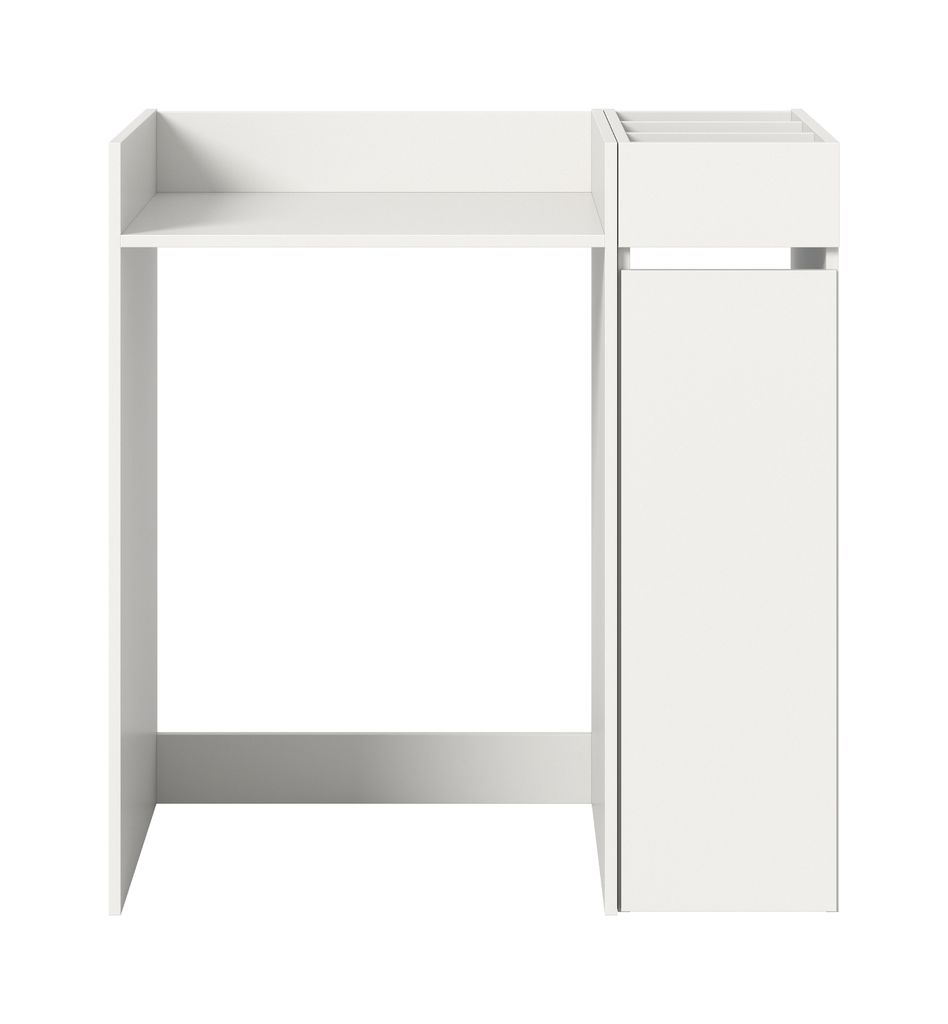 A white desk with a shelf and a cabinet.