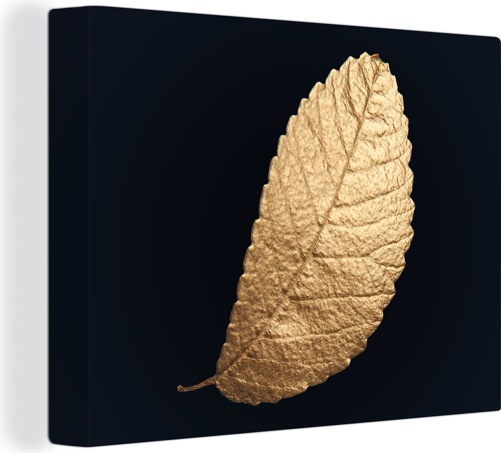 MuchoWow - Leinwandbilder - Gold - Blätter - Schwarz - Pflanzen - Luxus - Natur, Wandbild, Wanddeko Bilder Wohnzimmer, 80x60 cm