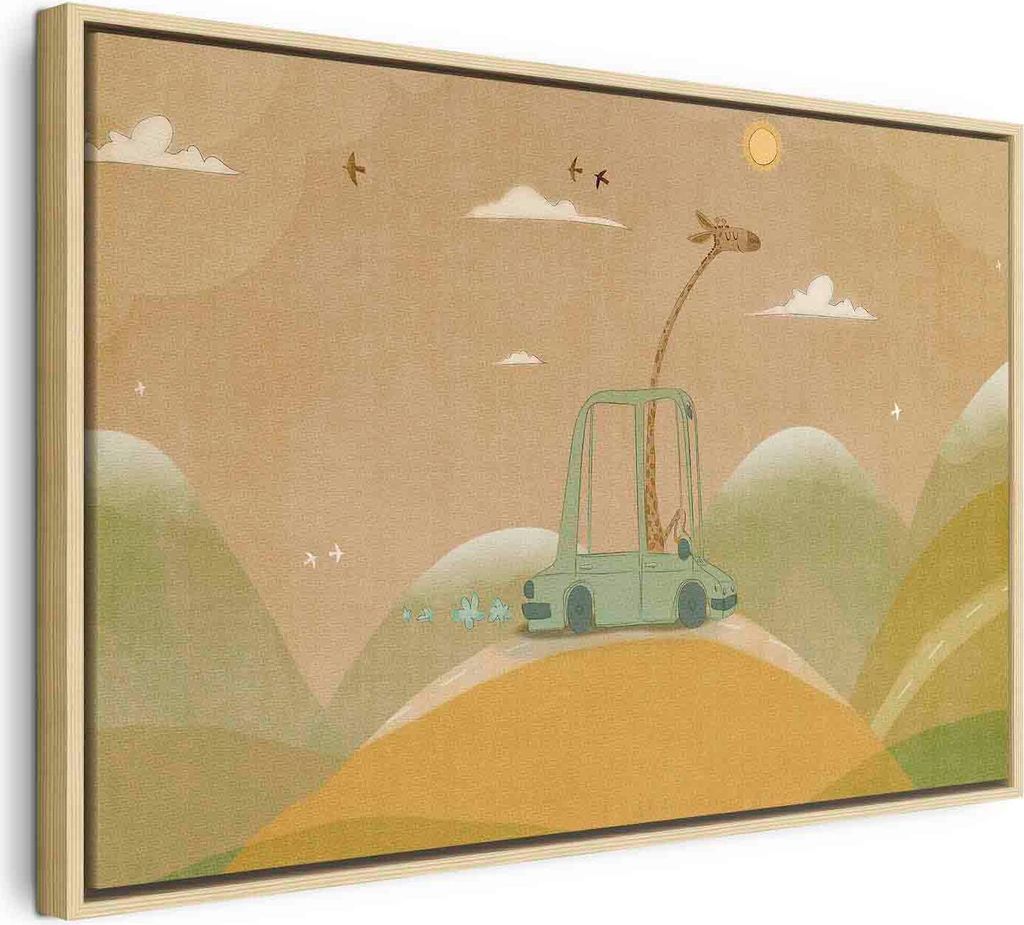 Italienischer Leinwand Leinwandbild - Dreamy Traveler - A Cheerful Giraffe Driving a Car on a Sunny Day 120x80 cm Für Kinder e-A-10139-b-a