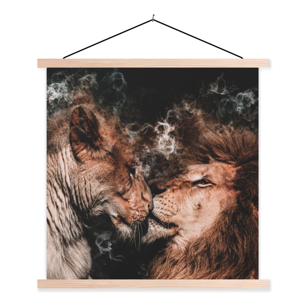 MuchoWow Textilposter Löwe - Rauchen - Liebe 120x120 cm mit holzfarbenen Rahmen - Textil-Poster