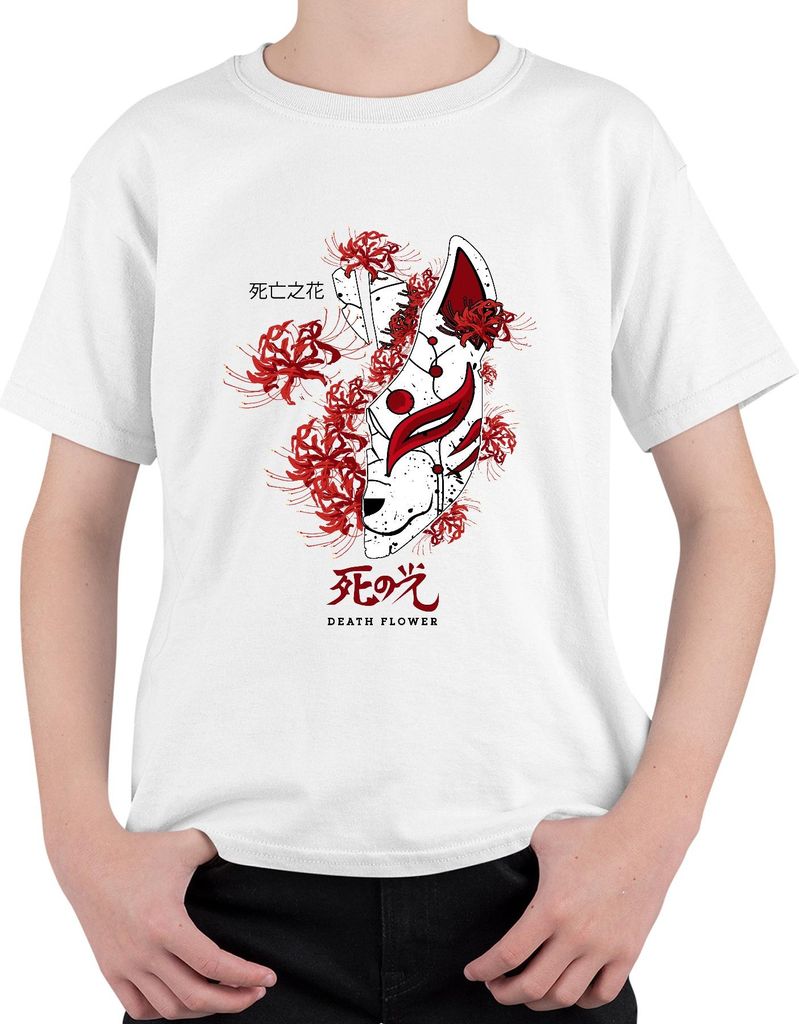 Kitsune Maske Spinnenlilie Higanbana Lycoris DEATH FLOWER retro Uni Kinder T-Shirt, Weiß, 140