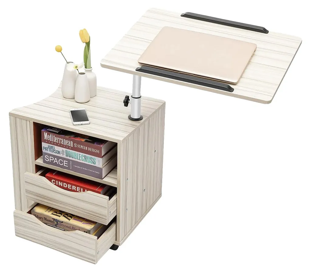 Table de nuit pivotante érable blanc 2 tiroirs pour chambre et bureau