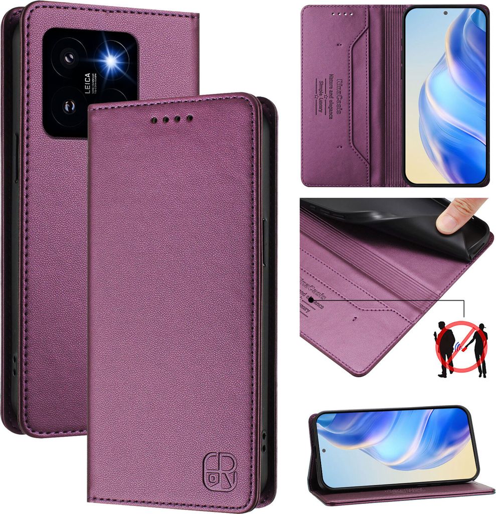 Lederhülle für Xiaomi 14 Pro/Xiaomi 14 Pro Hülle Flip Brieftasche Kartenfächern Ständer Schutzhülle Lila