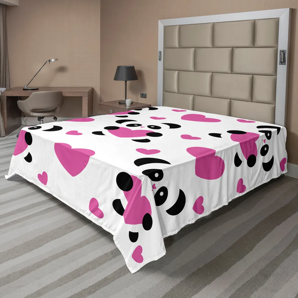 Drap plat ABAKUHAUS Panda et cœurs 260x228 cm en fuchsia noir blanc