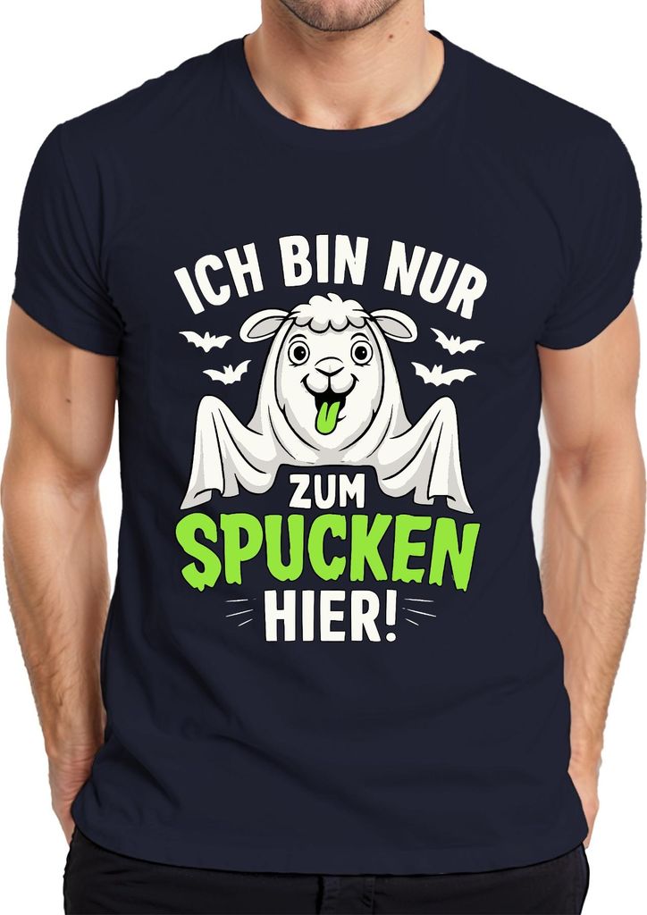 Ich bin nur zum Spucken hier Halloween Lama Spruch Süßes oder Saures Herren T-Shirt, Navy, L