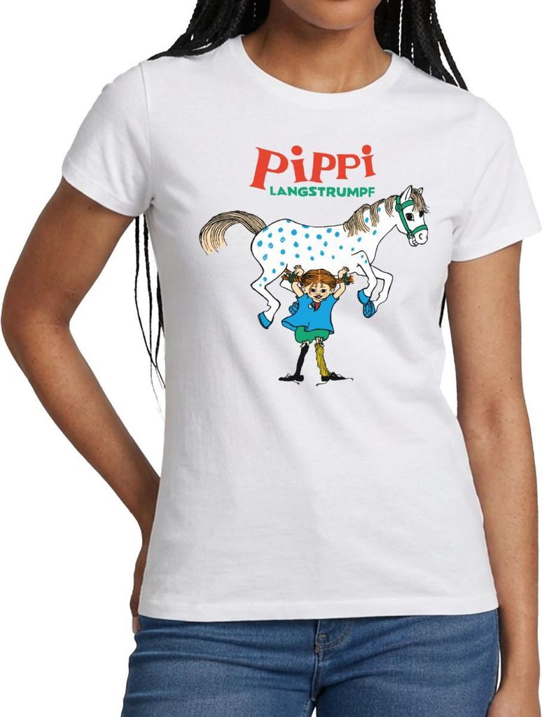 Spreadshirt Pippi Langstrumpf Pippi Hebt Kleiner Onkel Frauen T-Shirt, XXL, Weiß