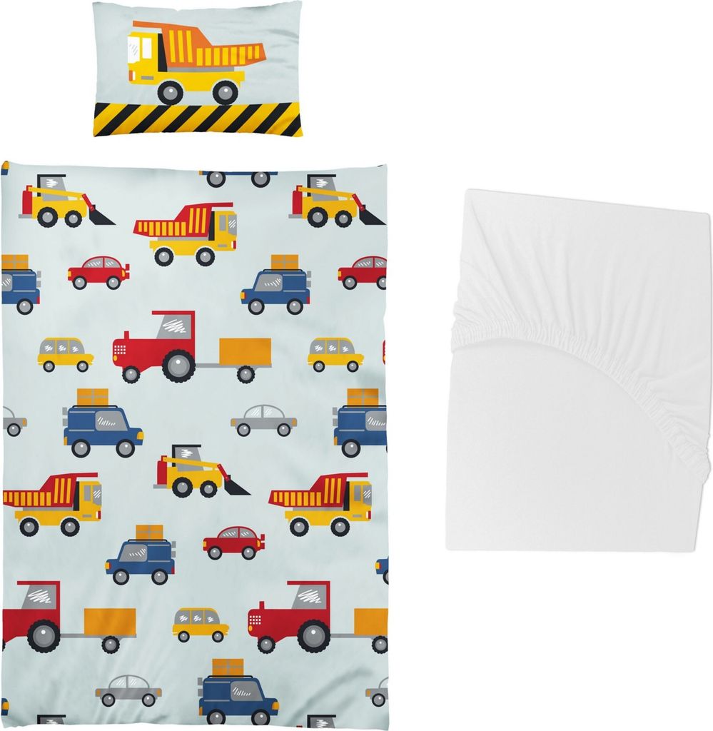 3 tlg Baby Bettwäsche Set - Baustelle - Mikrofaser - 40x60 100x135 cm + 1 Spannbettlaken weiß 60x120 - 70x140 cm