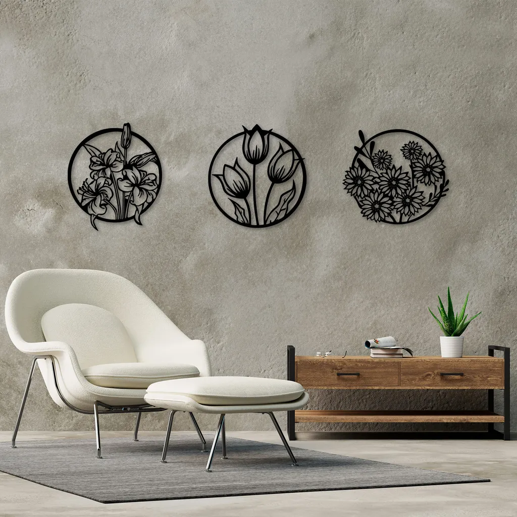 Décoration Murale Flowers pour Salon et Chambre Métal Noir 72x79 Wallity