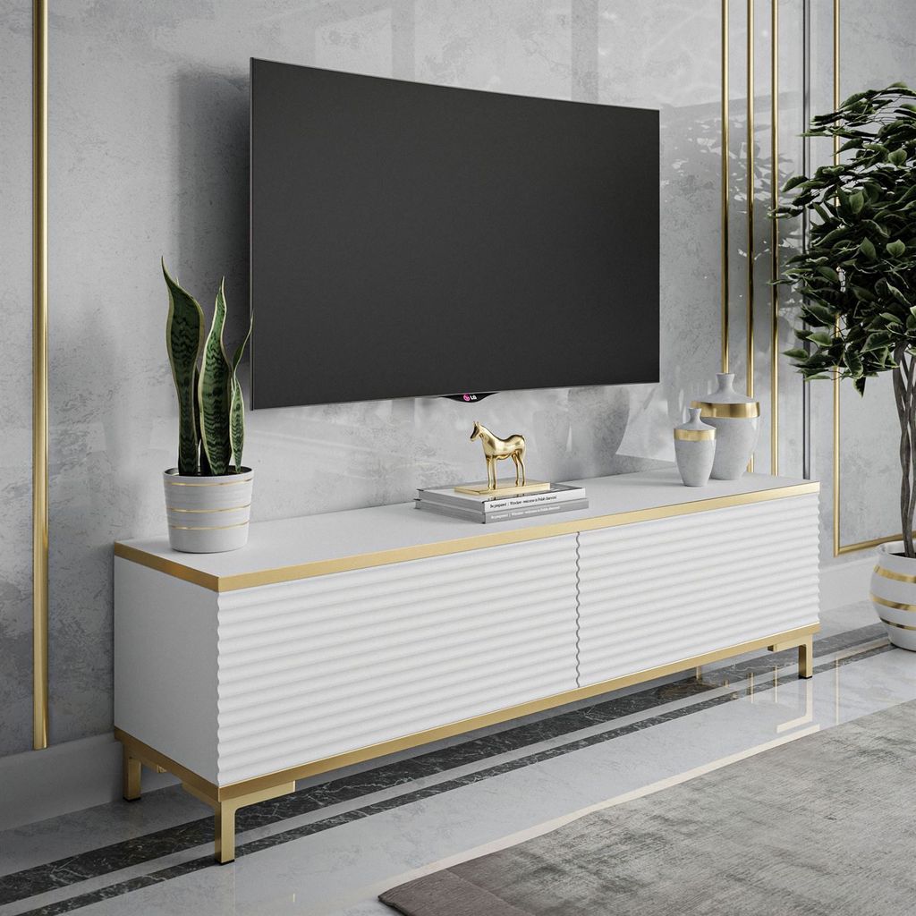 RTV Schrank OXFORD II 135 cm, Weiß / weiß matt + gold, Produktbild 