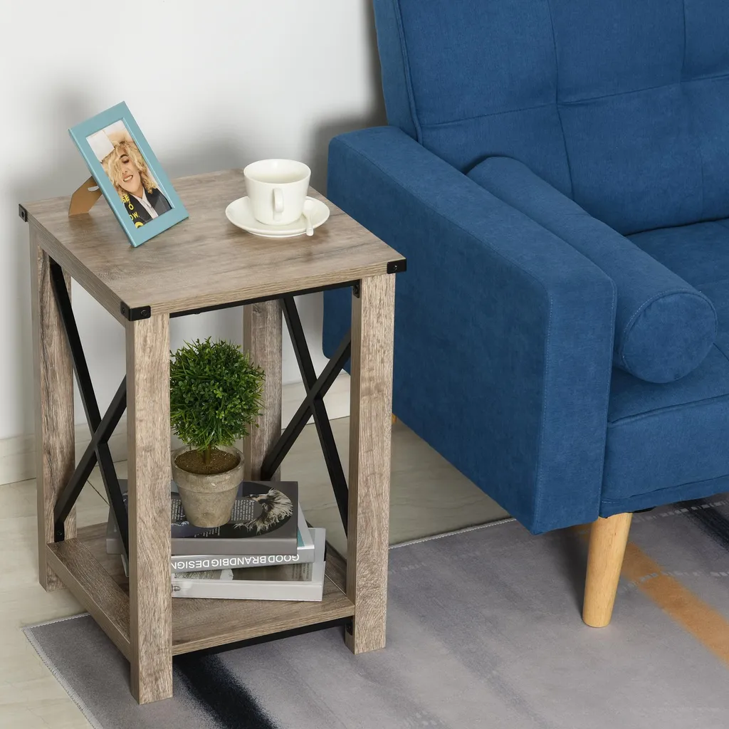 Table d'appoint industrielle marron rétro avec étagère de rangement