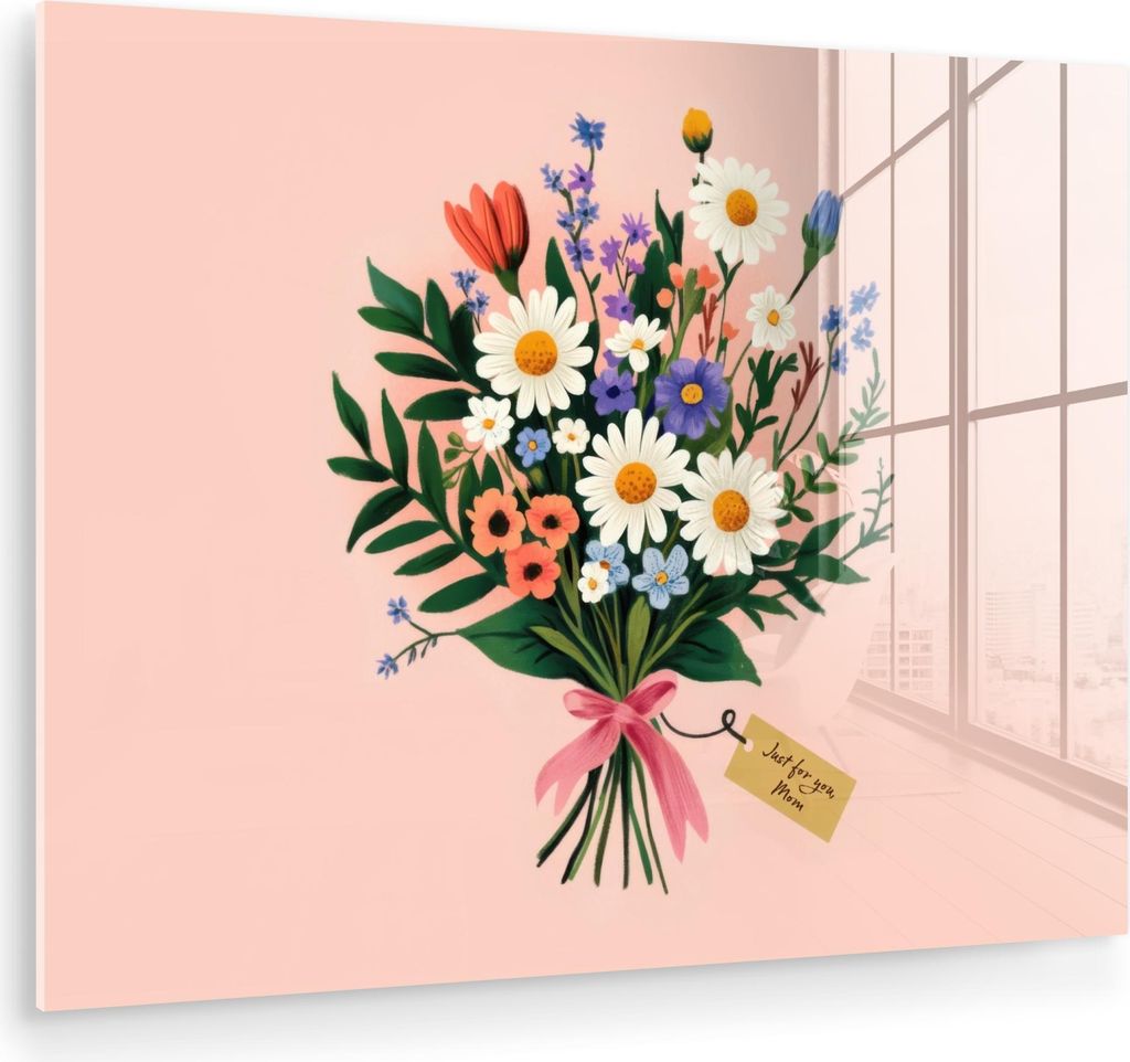 MuchoWow Glasbilder - Bilder auf Wandbild - Foto auf Glas Gänseblümchen - Blumenstrauß - Schleife - Rosa 80x60 cm Wanddekoration aus Glas - Acry...