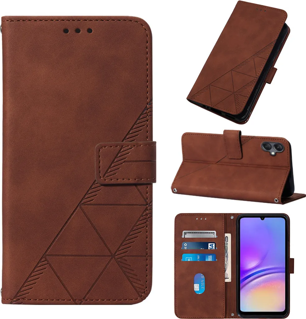 Custodia in pelle flip per Samsung Galaxy A05 con design a portafoglio e goffratura, porta carte e supporto Marrone