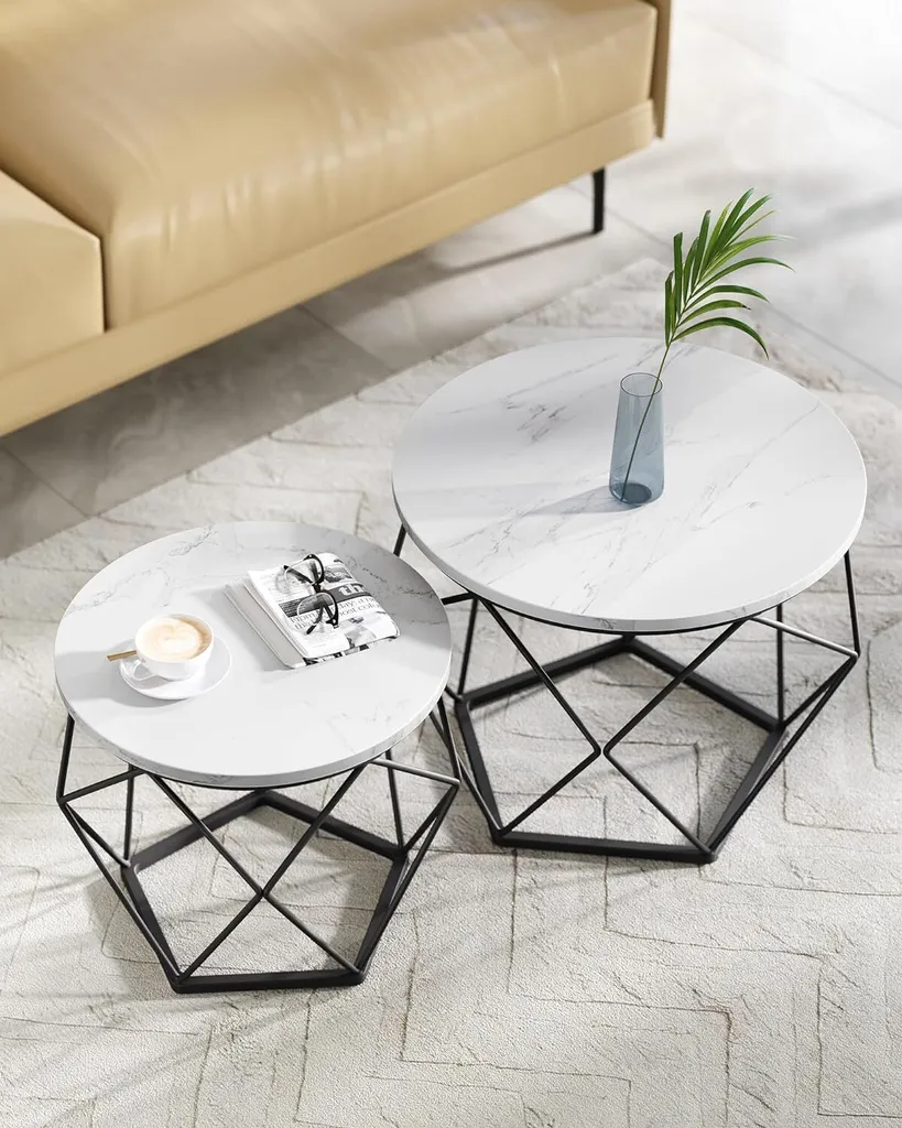 VASAGLE Set 2 Tavolini Rotondi Bianchi e Neri - Design Moderno Soggiorno - 7