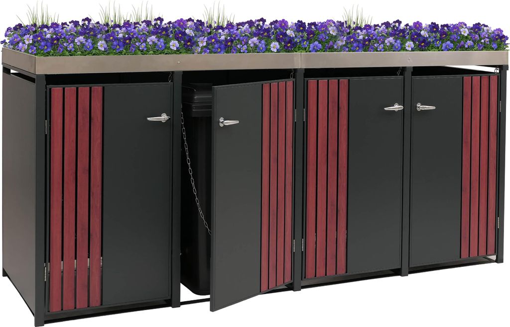 4er-Mülltonnenverkleidung MCW-O67, Mülltonnenbox mit Pflanzkasten, Metall 125x260x84cm 95kg anthrazit Holzoptik dunkel