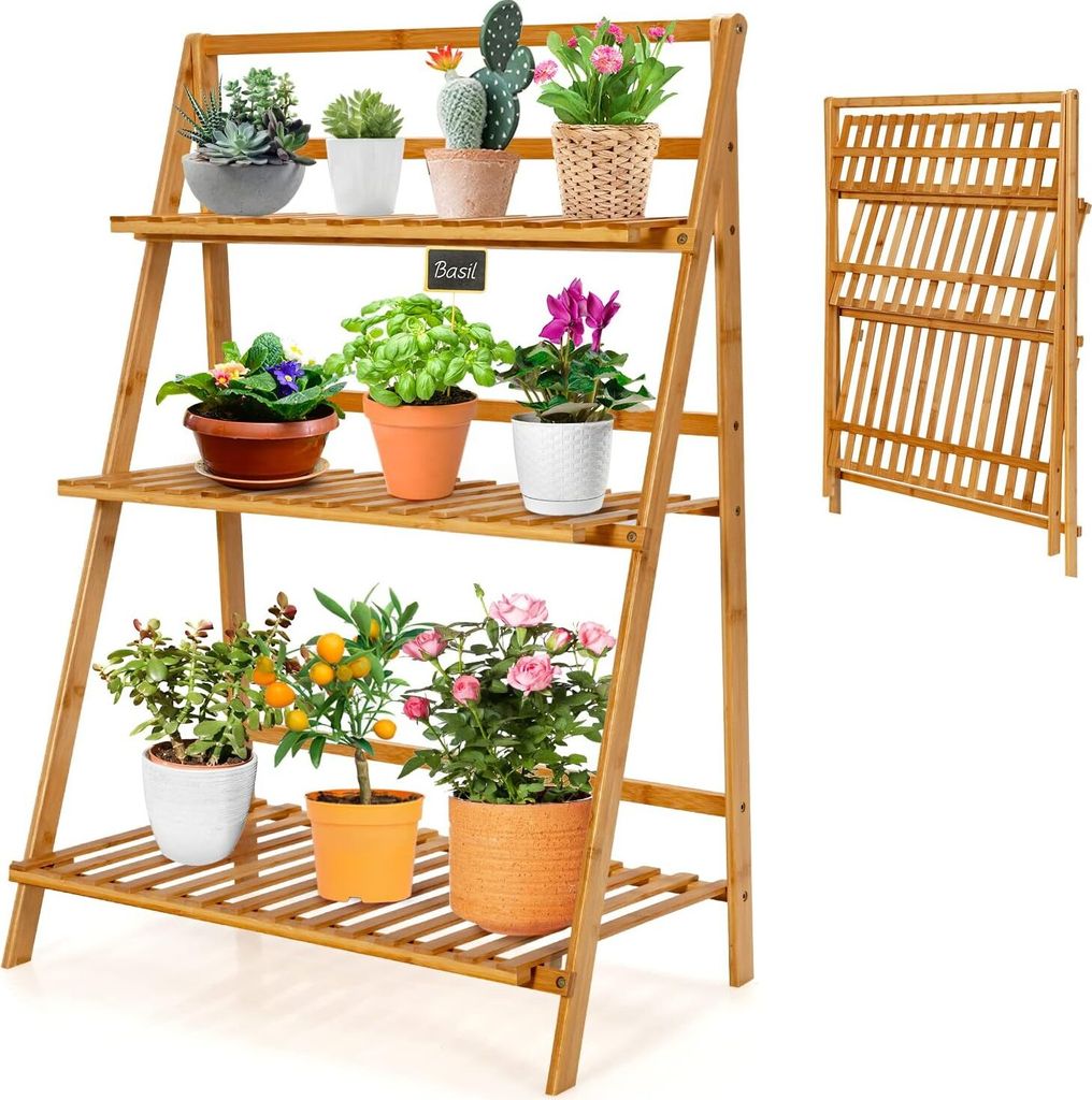 GOPLUS 3 Ebenen Blumenregal Bambus, klappbares Pflanzenregal, Blumentreppe, Blumenständer, Blumenleiter, für Balkon, Wohnzimmer, Garten, Natur, 7...