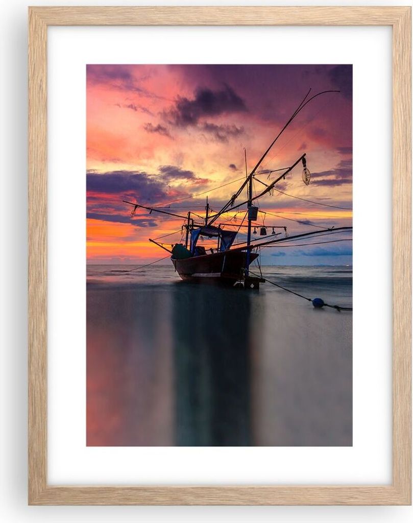 Gerahmtes Poster - Rahmen in heller Eiche - Asien Boot Kutter - 30x40 cm - Wand Bild - Wanddeko - Wandbilder - Wandposter - Bilderrahmen - Bilder -...