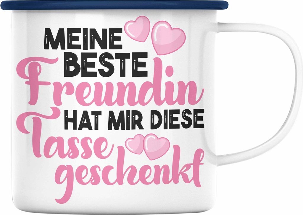 Trendation - Unbiologische Schwester Emaille Tasse Geschenk Beste Freundin Geburtstag Lustig Freundinnen Spruch Becher Beste Freundinnen (Blau)