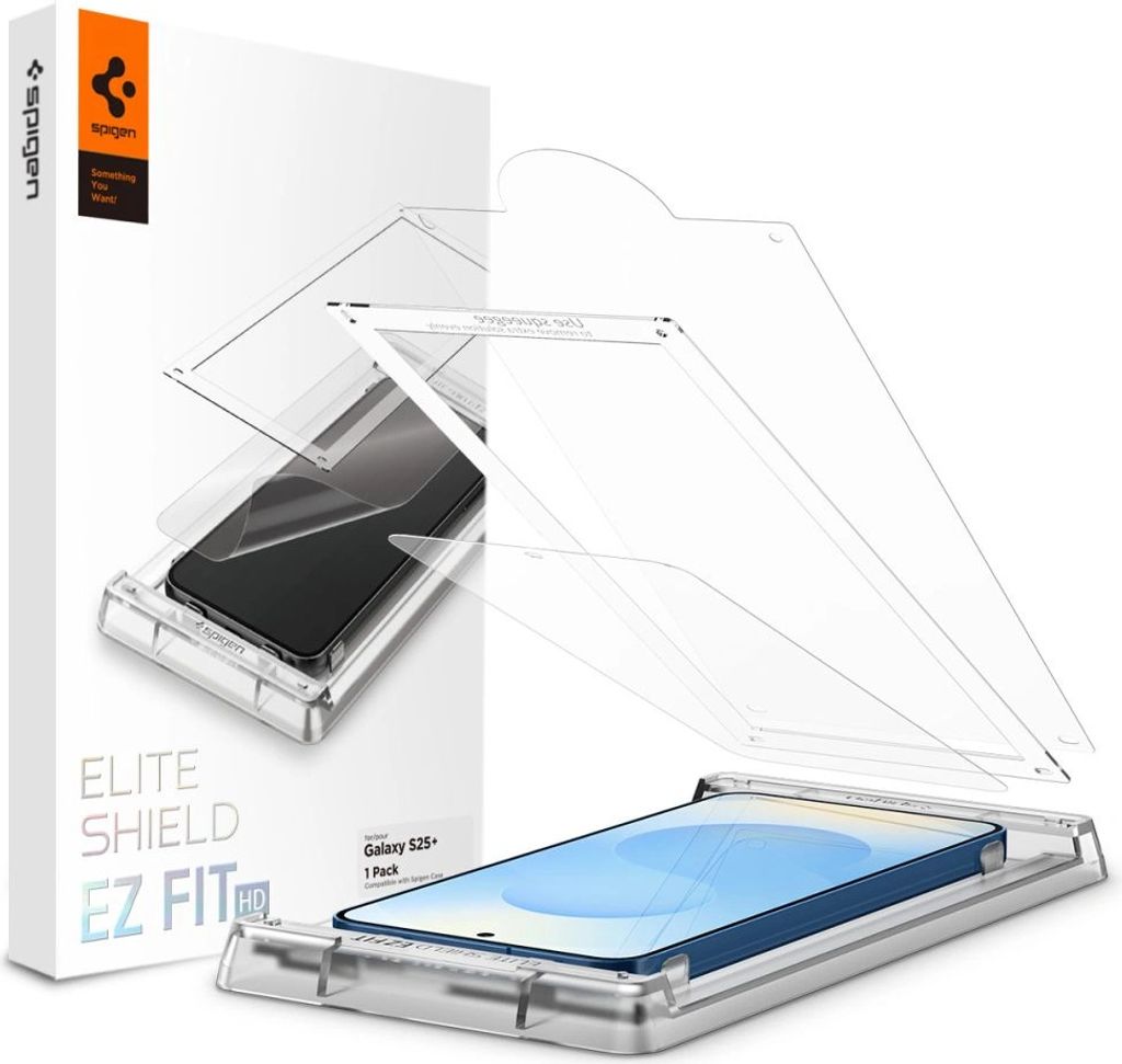 A Spigen Elite Shield ez Fit HD screen protector for a Samsung Galaxy S25+ Plus phone is shown, with the packaging and the screen protector installation guide.