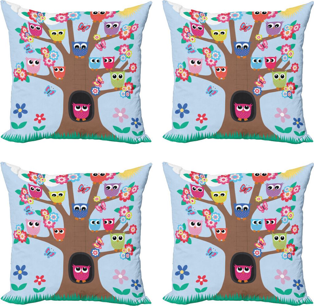 ABAKUHAUS Eule Kissenbezug Set (4 Stück), Vögel und Schmetterlinge, Moderner Doppelseitiger Digitaldruck, 60 cm x 60 cm, Mehrfarbig