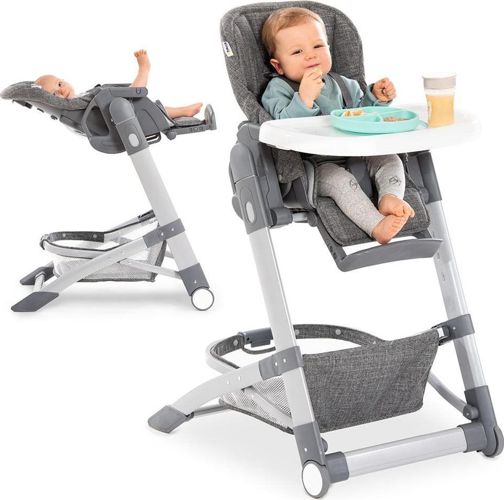 Two high chairs are shown, one with a baby eating and another with a baby lying down.