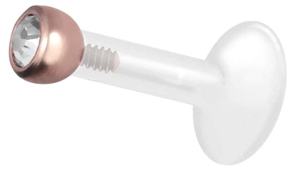 Ohrpiercing, Nasenpiercing PTFE Labret mit Innengewinde + Titan-Aufsatz KRISTALL RoséGold Stablänge: 10mm + Stabstärke: 1,6mm + Kugelgröße: 2,5mm