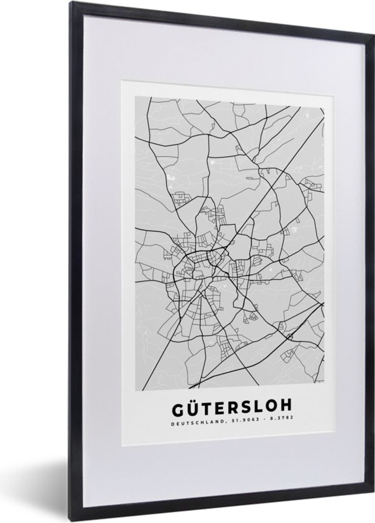 MuchoWow Gerahmtes Poster Deutschland - Karte - Gütersloh - Karte - Stadtplan 40x60 cm - Poster mit Schwarzem Bilderrahmen Wandposter Rahmen Fot...