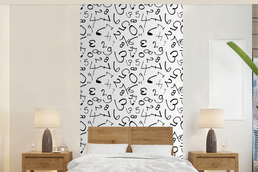 MuchoWow Fototapete für Wohnzimmer oder Schlafzimmer Wandtapete Vinyl Motivtapete Zahlen - Figuren - Muster - Schwarz und weiß - 120x240 cm - H...