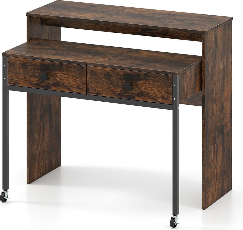 Ausziehbarer Schreibtisch mit 2 Schubladen und Rollen, 100 x 63 x 88 cm, Braun