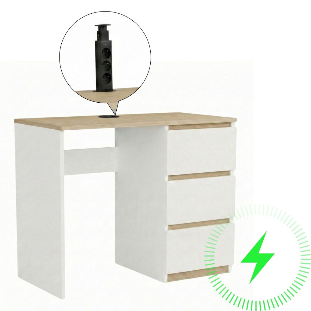 Schreibtisch Computertisch ComfortCove Weiß Eiche 90 cm mit 3 Schubladen Steckdose 3x230V im Tisch
