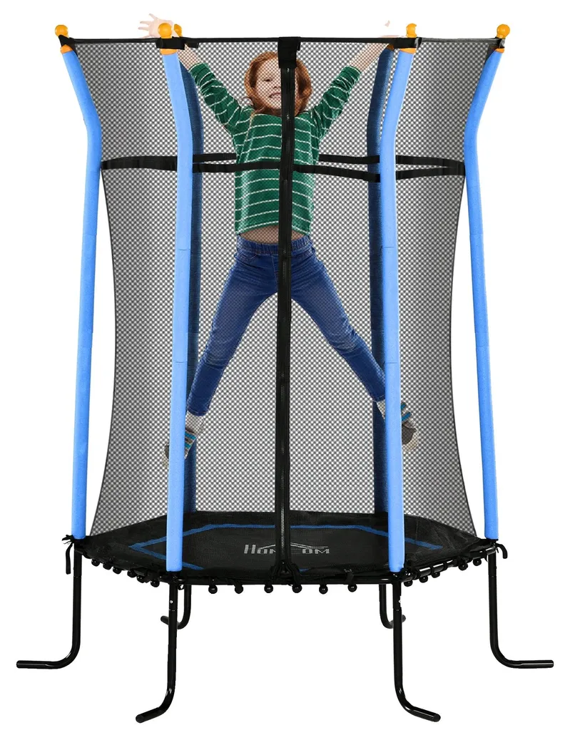 Trampoline sécurisé contre les chutes bleu avec filet intérieur et cadre stable