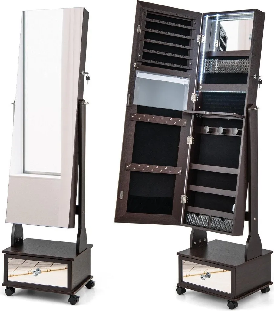 Armoire à bijoux avec 3 miroirs et tiroir marron sur roulettes pivotantes