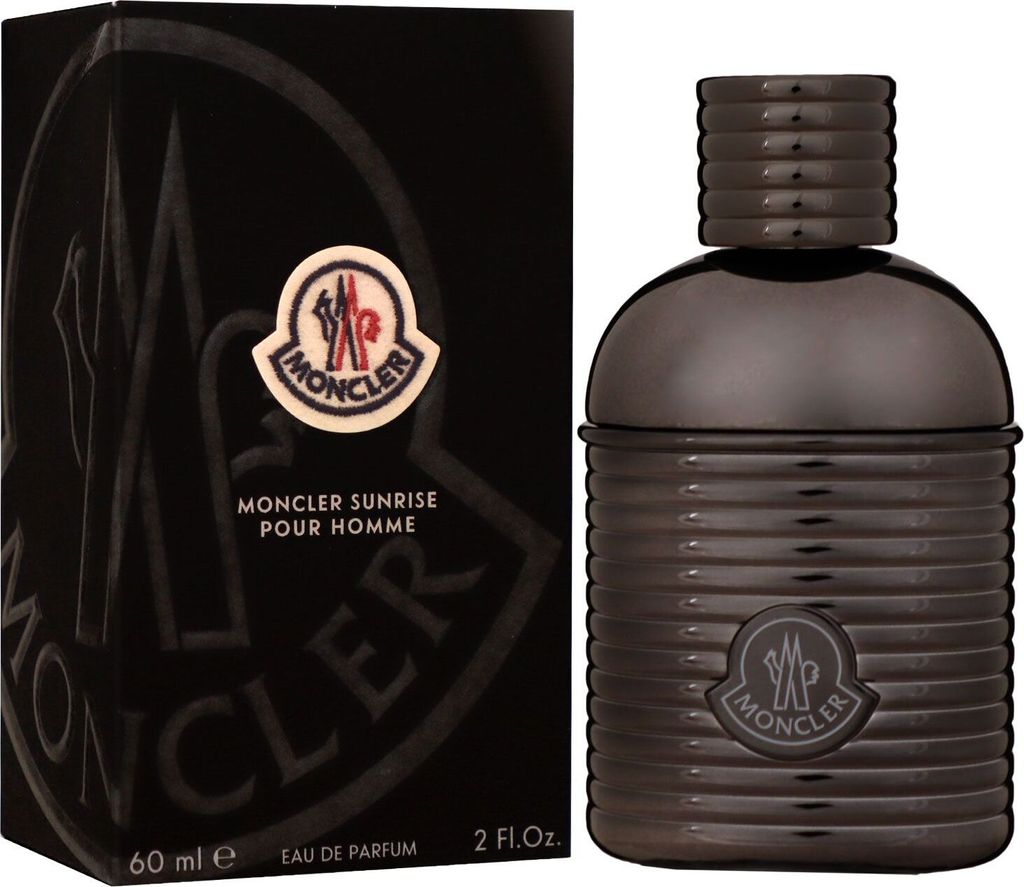 A bottle of Moncler Sunrise Pour Homme perfume and its packaging.