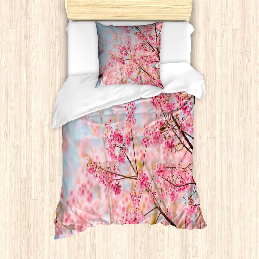 ABAKUHAUS Blumen Bettbezug Set, Japanische Kirschblüte-Kirschblüten-Niederlassungen voll Frühlings-Schönheits-Bildes, 135 x 200 cm + 80 x 80 cm...