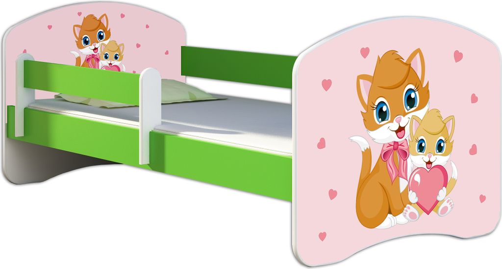 ACMA Jugendbett Kinderbett Junior-Bett Komplett-Set mit Matratze Lattenrost und Rausfallschutz Grün 33 Miezekatzen 160x80