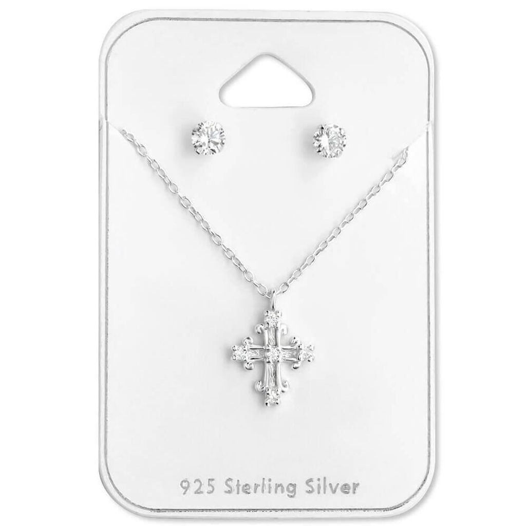 Set 925 Sterling Silber Zirkonia Ohrringe Ohrstecker und Kreuz-Kette