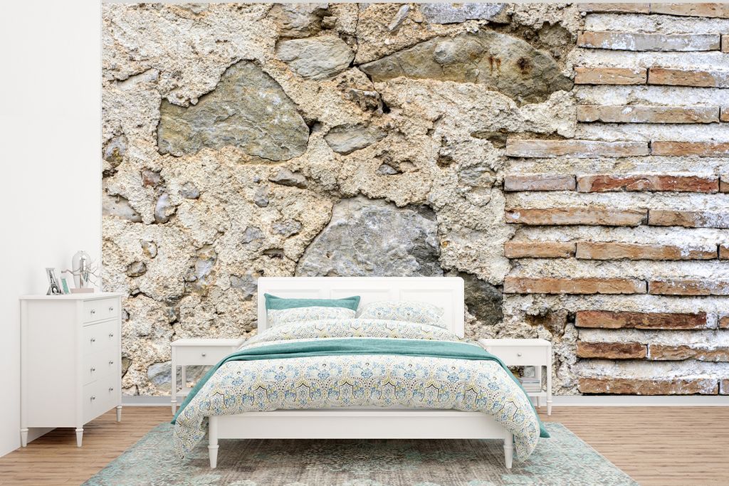 MuchoWow Fototapete für Wohnzimmer oder Schlafzimmer Wandtapete Vinyl Motivtapete Mauer - Steine - Zement - 295x220 cm - Wand Tapete
