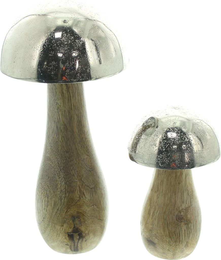 FRANK FLECHTWAREN Pilz Mangoholz, 2er Set, Mangoholz, naturbelassen, Aluminiumguss Maße: Höhe 11 cm, 18 cm vielseitig einsetzbar
